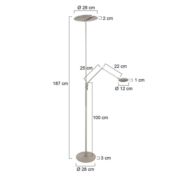 Vloerlamp Zenith 2 4390ST staal modern met dubbele reflector, Steinhauer Exclusive, kantelbaar en draaibaar, hoogte instelbaar, krachtige ledmodule 6240 lumen