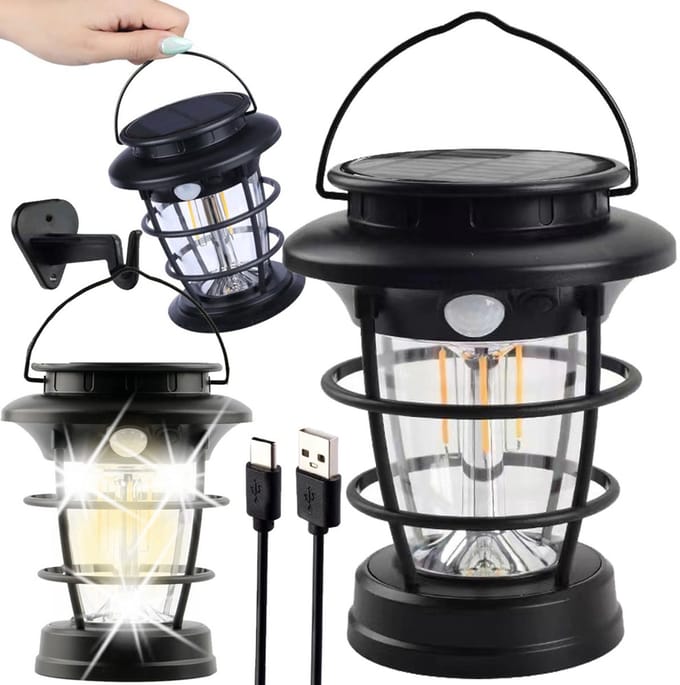 Solar Hanglamp Buiten - Warm Wit LED - Schemersensor en Bewegingssensor - Waterdicht Weerbestendig - Vintage Lantaarn - Hangend Met Handvat