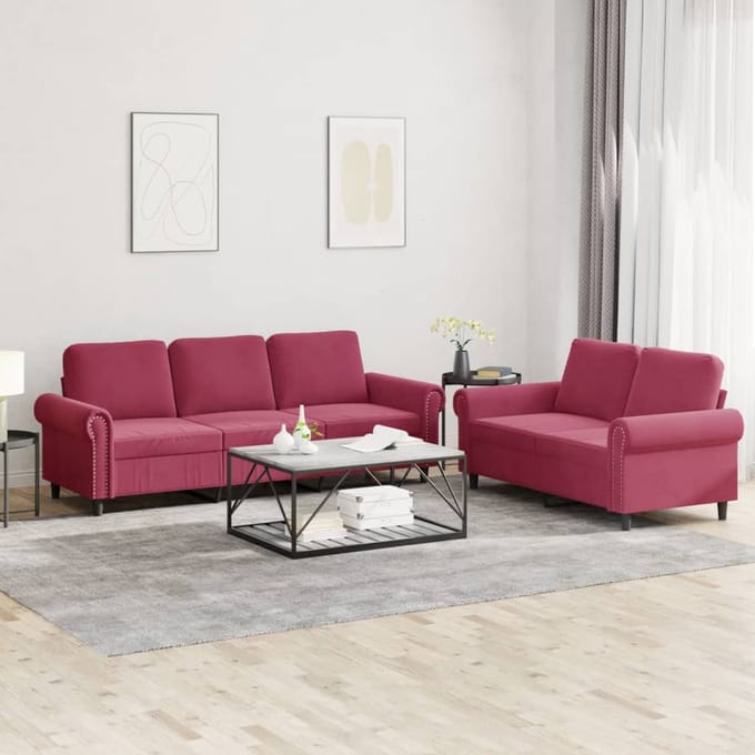 vidaXL - 2-delige - Loungeset - met - kussens - fluweel - wijnrood