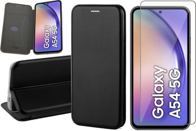Hoesje geschikt voor Samsung Galaxy A54 - Screen Protector GlassGuard - Book Case Kunstleer ThinShield Zwart & Screenprotector