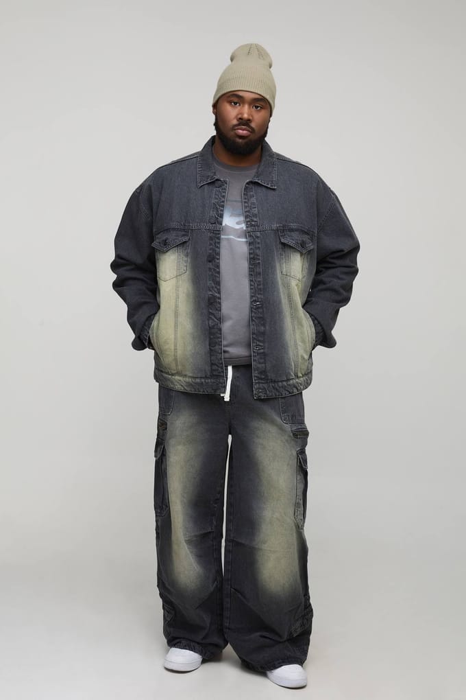 Plus Tinted Washed Boxy Oversized Denim Jacket | Charcoal | Size 2XL