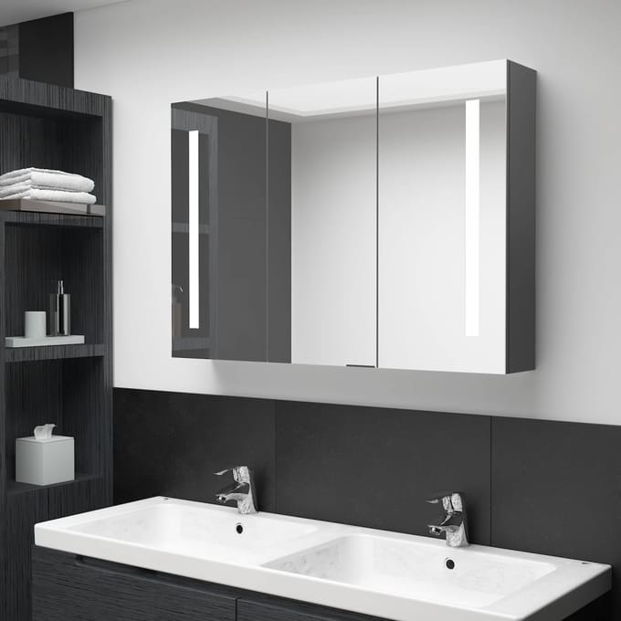 vidaXL - Badkamerkast - met - spiegel - en - LED - 89x14x62 - cm - grijs