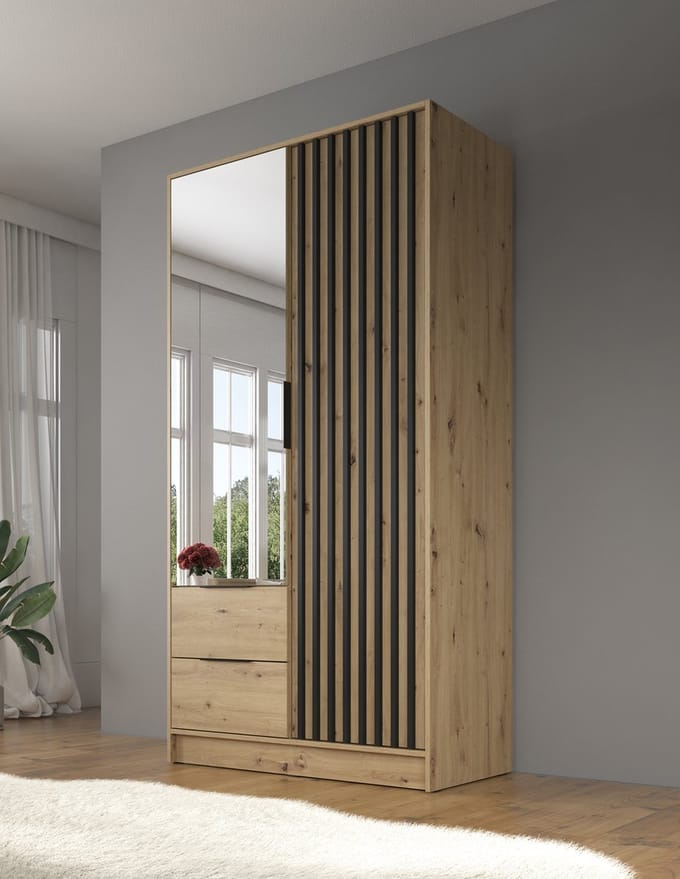 Meubella - Kledingkast Nairobi - Eiken - Zwart - 105 cm - Met spiegel