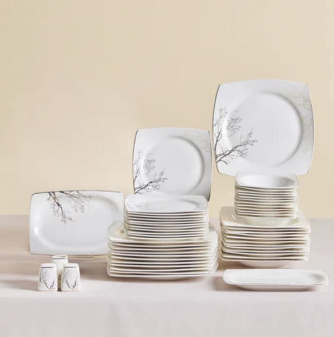 Karaca Square Autumn - 53-Delige Serviesset voor 12 Personen – Wit/Multicolor – Luxe New Bone Dinerservies