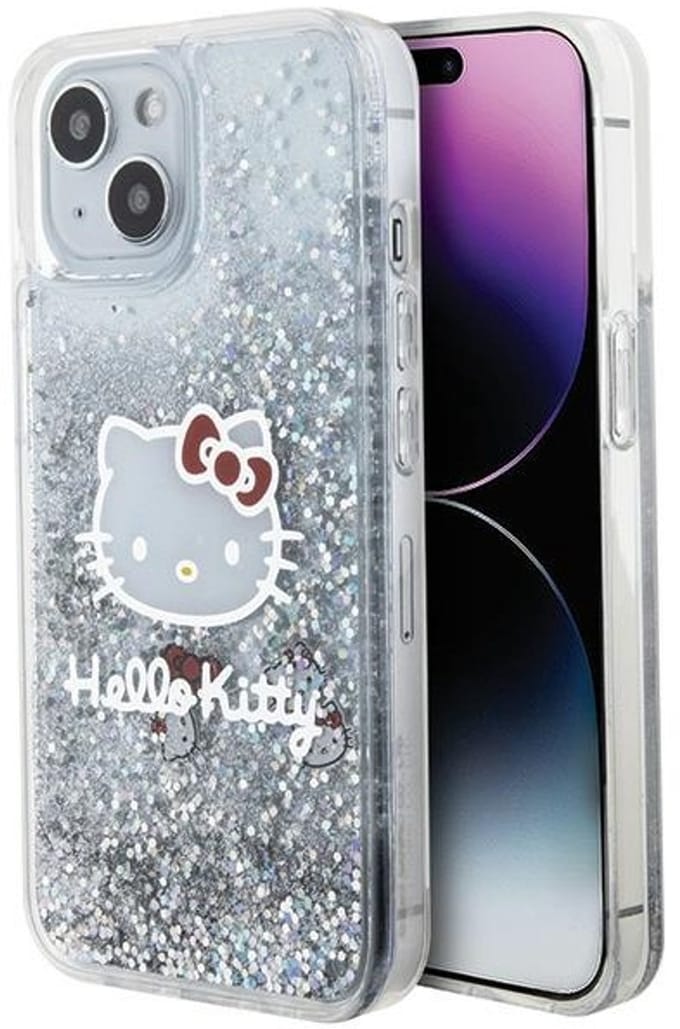 Hello Kitty Liquid Glitter Charms - iPhone 15 Etui - Sierlijk Design - Zilver - Brokaat Details