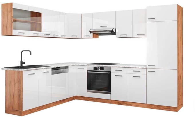 Vicco Hoekkeuken R-Line, Wit Hoogglans/Goudkleurig Eiken, 287 x 227 cm, WB Marmer
