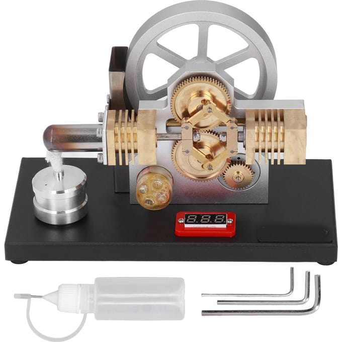 Stirlingmotor Model met LED-licht Voltmeter Horizontaal tegenovergestelde Ruitvormige structuur Tandwielaandrijving gray