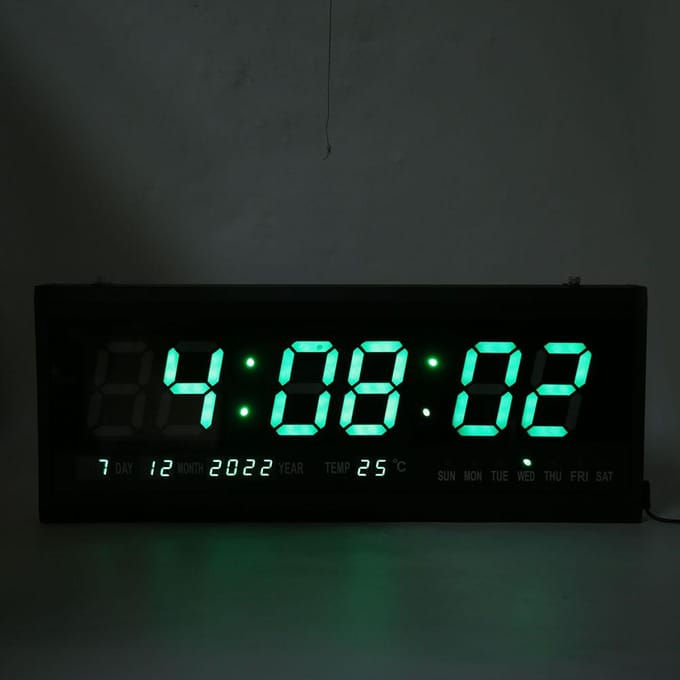 Groene digitale LED-wandklok, groot formaat, jumbo LED-wandtimer met kalender en temperatuurweergave. gray