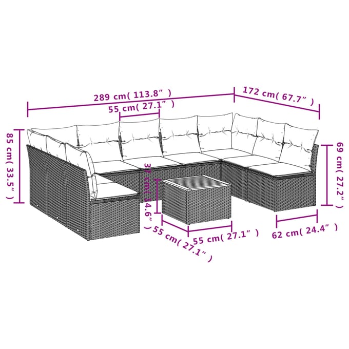 vidaXL - 10-delige - Loungeset - met - kussens - poly - rattan - zwart