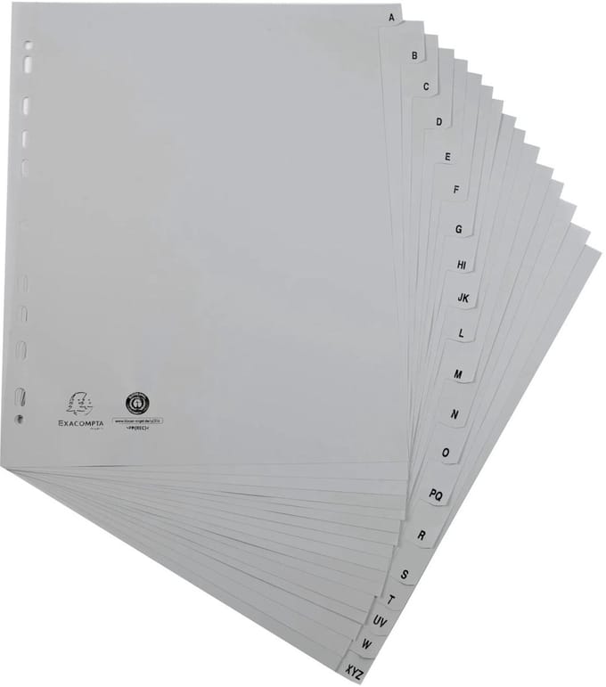 Exacompta 10x Tabbladen met bedrukte tabs in gerecycled PP - 20 tabs - A tot Z - A4 maxi - Grijs - 1920E