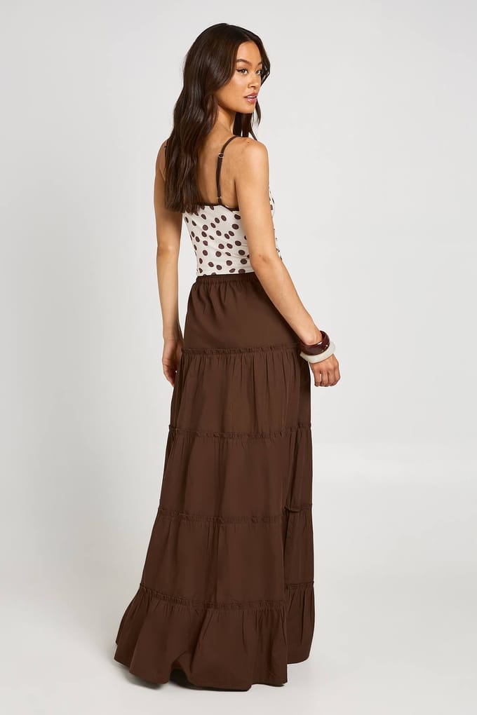 boohoo Dames Lange Gelaagde Katoenen Popeline Maxi Rok | Chocoladebruin | Maat: 38