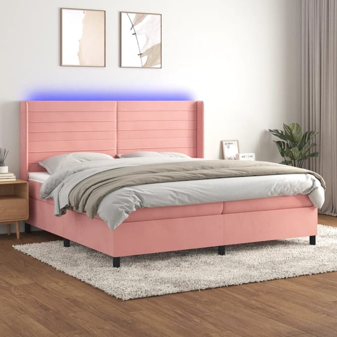 vidaXL - Boxspring - met - matras - en - LED - fluweel - roze - 200x200 - cm