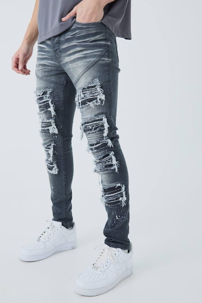Super Skinny Biker Rip & Repair Paint Splatter Jeans | Grey | Size 48R