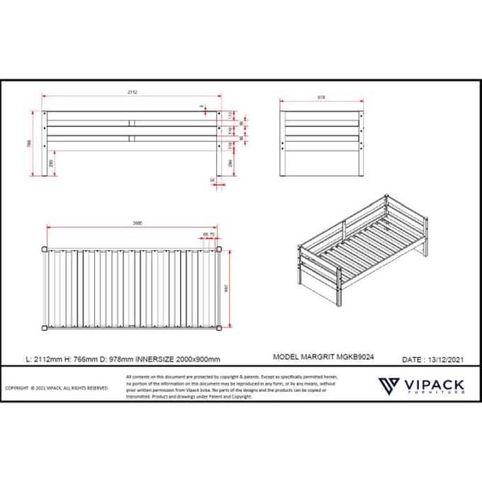 LUCEVI - Margrit Kajuitbed + Rolbed - Wit - 90x200 cm