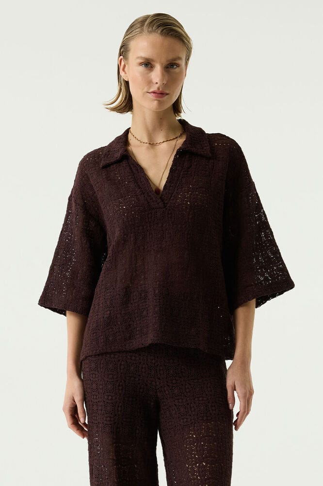 GARCIA Dames Effen Blouse Bruin 3/4 sleeve
