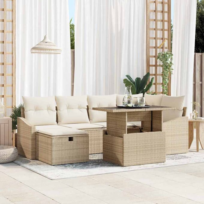 vidaXL - Tuinbank - Set - 7 - st - Beige - poly - rattan