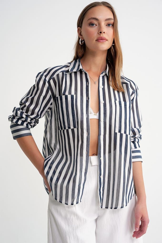Gestreepte Poplin Shirt met Zak