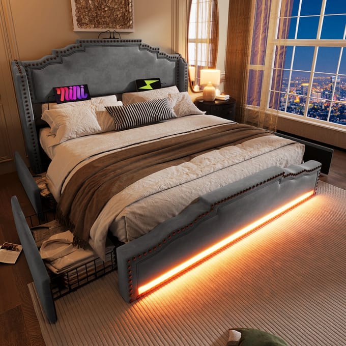 MODENUIT Gestoffeerd bed 160x200 cm – Met LED, USB en USB-C – 4 laden – Lattenbodem – Fluweel – Grijs – Zonder matras