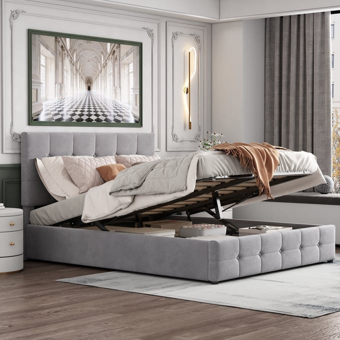 REDOM Bedframe 140x200 cm – Fluweel grijs – Met hydraulische opbergruimte & verstelbaar hoofdbord