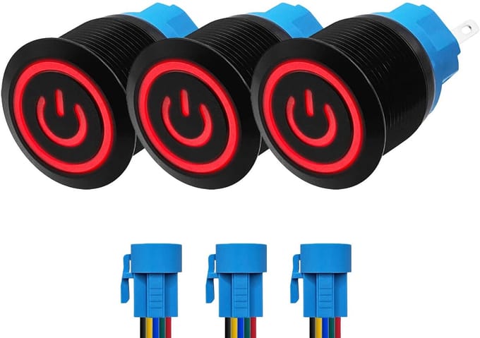 ProRide Drukschakelaar ON-OFF 220V - 22mm Metaal - Waterdicht - LED Rood - Met Kabels - 3 stuks
