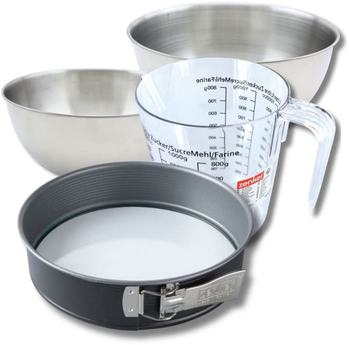 Bakkersset met 26 cm springvorm van staal, 2 mengkommen, maatbeker en spatel Zenker