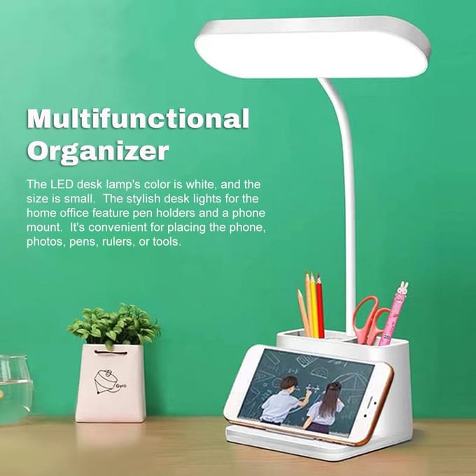 Bureaulamp met Pennenhouder Verstelbare Zwanenhals Leeslamp met 3 Lichtstanden Oplaadbare LED wit