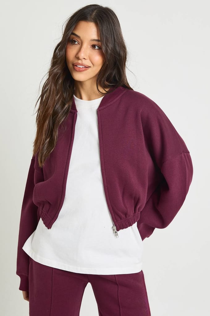 boohoo Dames Zip Through Bomber Straight Leg Trainingspak | Bordeaux Rood | Maat: Large