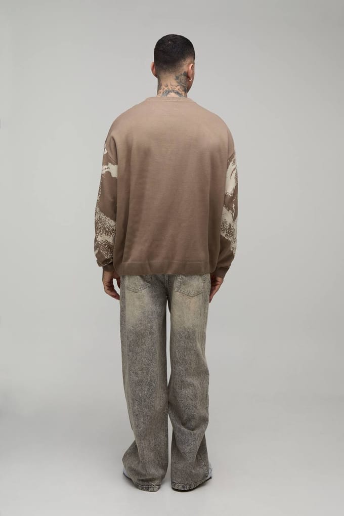 Tall Oversized Renaissance Jacquard Knitted Jumper | Taupe | Size Medium