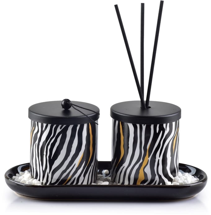 MONDEX ZEBRA - Geurverspreider en Kaars - 23x9x9 cm - Sandelhout - Keramiek