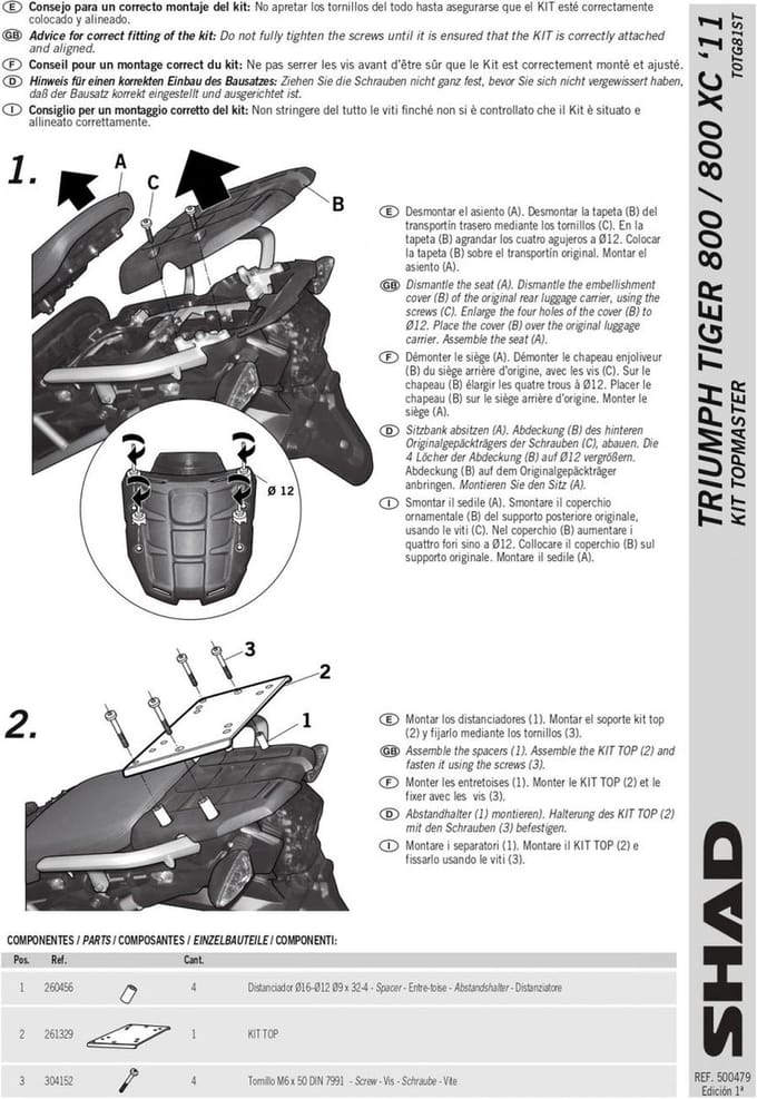 Support de top case Shad pour moto Triumph Tiger 800 Xrx 2011 à 2022 T0TG81ST