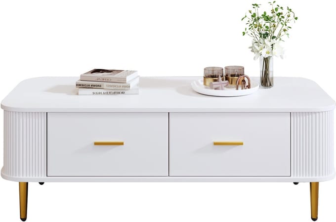 Salontafel - Modern - Laden en Gouden Poten - Gewelfde Zijden Luxe Design - MDF en Metaal - Wit