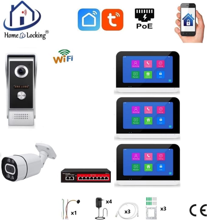 Smart WIFI deur intercom/videofoon touchscreen met bediening via Smart Life APP werkt met Alexa en Google spraaksturing. T-2301-1-3+C