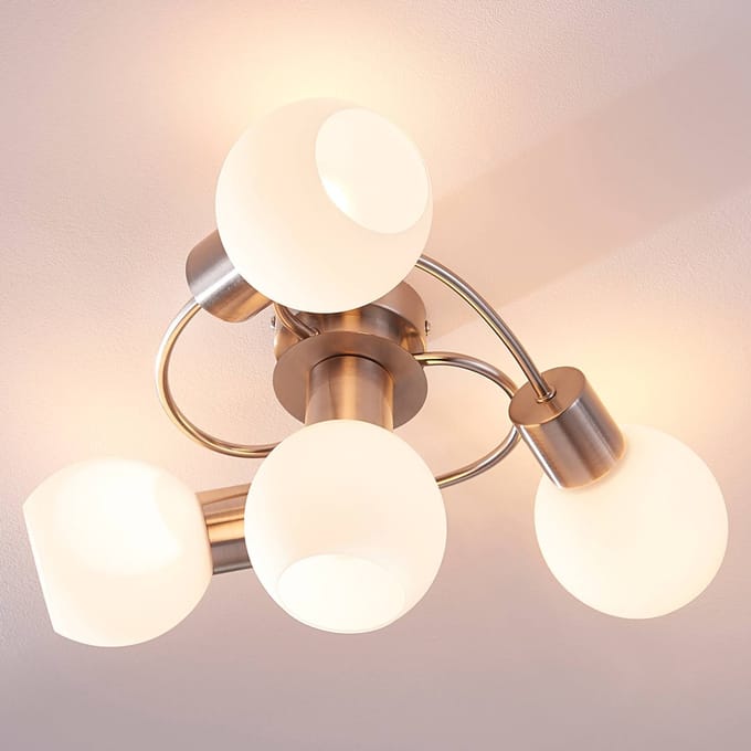 Lindby - plafondlamp - 4lichts - Glas, metaal - H: 17.5 cm - E14 - wit, nikkel gesatineerd