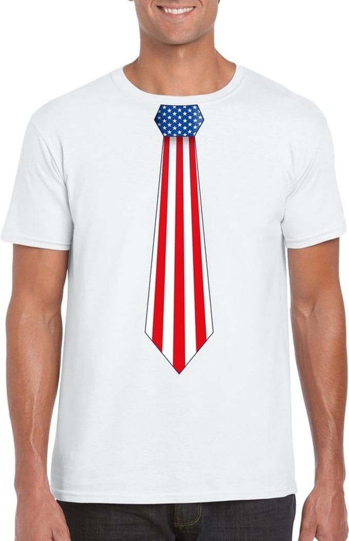 Wit t-shirt met Amerikaanse vlag stropdas heren - Amerika supporter L