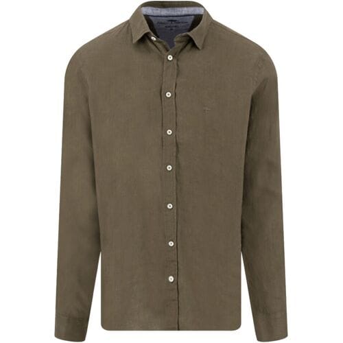Fynch-Hatton Overhemd Solid Color Premium Linnen Donker Khaki / male
