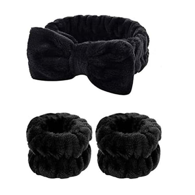 3 stuks/set Gezichtswaspak Hoofdbanden Voor Vrouwen Herbruikbaar Spa Polsband Zachte Microvezel Handdoek Haarband Meisjes Hardlopen Sport Pols Zweetband zwart