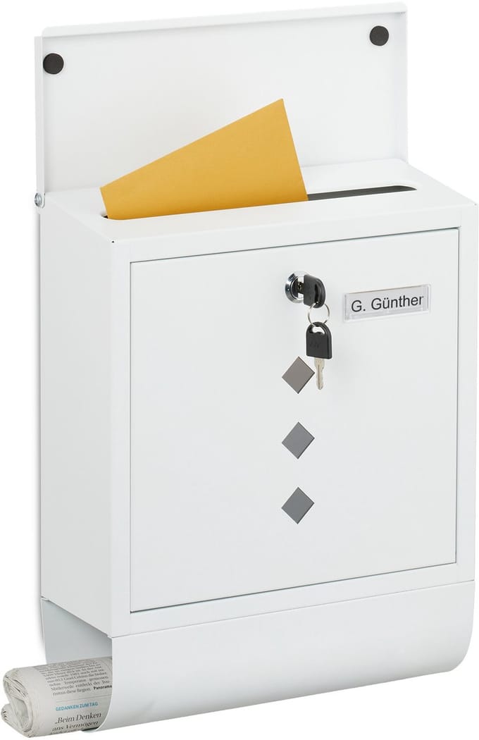 Brievenbus met slot - 38 x 31 x 14 cm - metaal - 4 sleutels - wit
