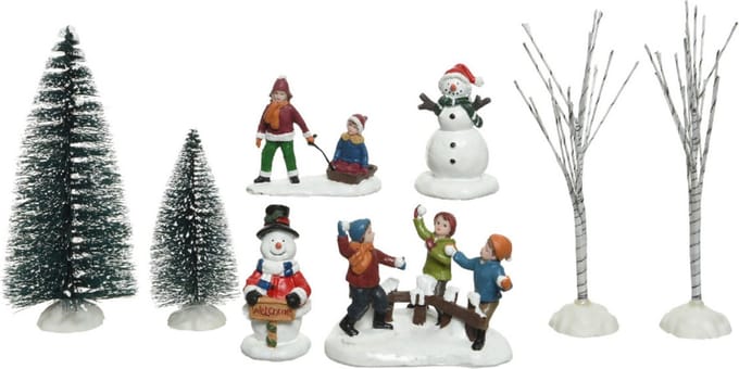 8x stuks kerstdorp accessoires figuurtjes/poppetjes en kerstboompje - Kerstdorp onderdelen kerstversiering
