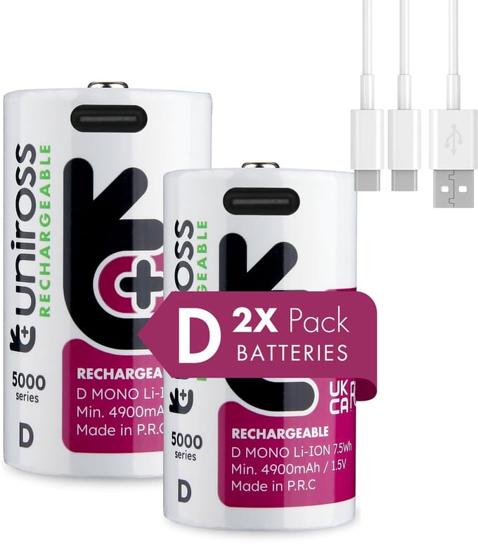 Uniross Rechargeable Lithium D USB-C 1.5V 2 pack