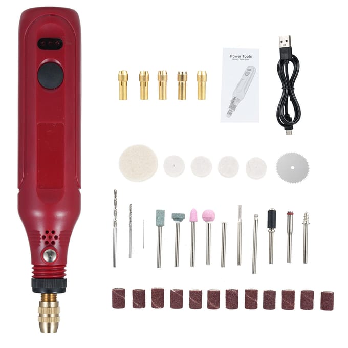 Mini Kit d'Outil Rotatif 3.7V Mini Meuleuse avec 3 Vitesses Variables 197 Pièces Accessoires Meuleuse Électrique 36Pcs rouge