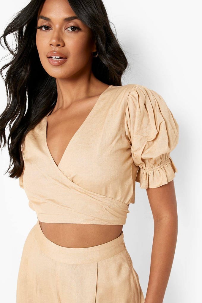 boohoo Dames Linnen Look Wrap Crop Top | Steen | Maat: 42