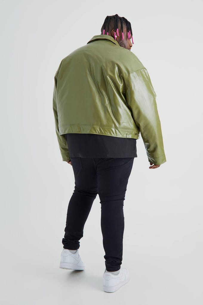 Plus Boxy High Shine PU Harrington Jas | Olive | Size 2XL