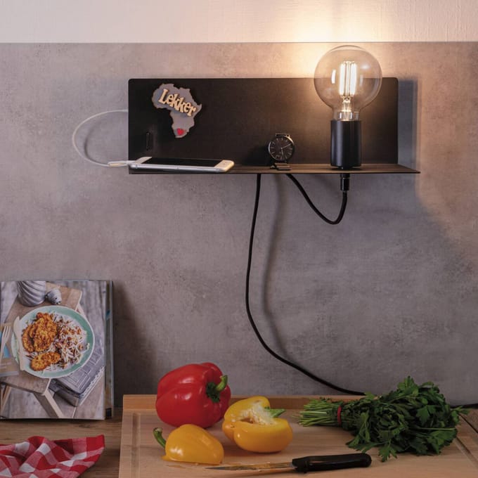 Wandlamp Devara USB C E27 230V max. 40W dimbaar Zwart mat