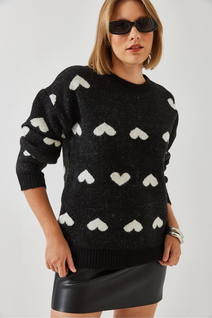 Acryl Crew Neck Trui met Hartpatroon