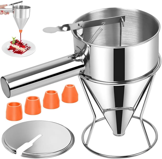 Dough Dispenser met Deksel en Houder, 1200 ml RVS Multi-Piston Trechter voor Taarten, Pannenkoeken en Desserts