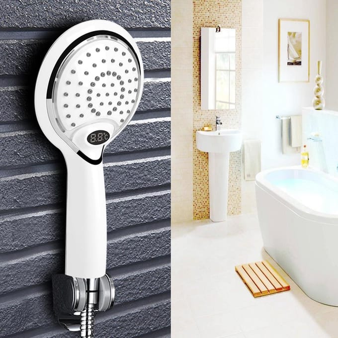 Pommeau de Douche de Bain Portatif avec Affichage Numérique de la Température et LED 3 Couleurs blanc