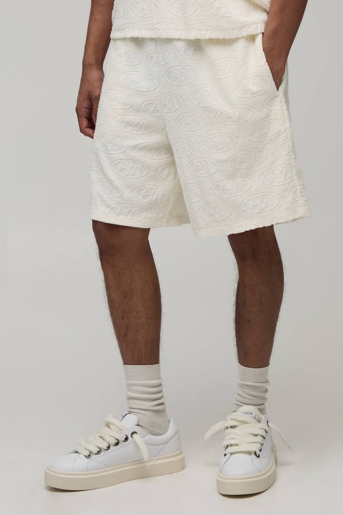 Baggy Fit BM Terry Towelling Jacquard Shorts | Ecru | Size Medium