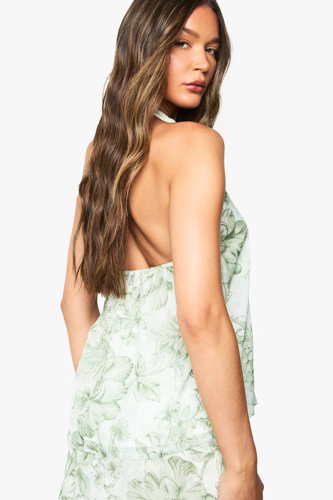 boohoo Dames Floral Chiffon Halter Neck Top | Sage | Maat: 6