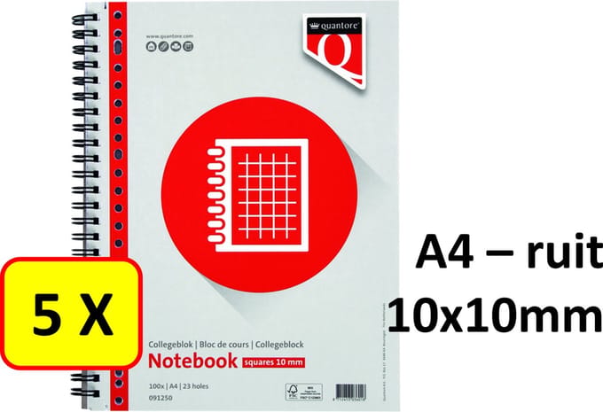 5 x Spiraalblok Quantore - A4 - Ruit 10x10mm - 23 gaats - 70gr - 100vel