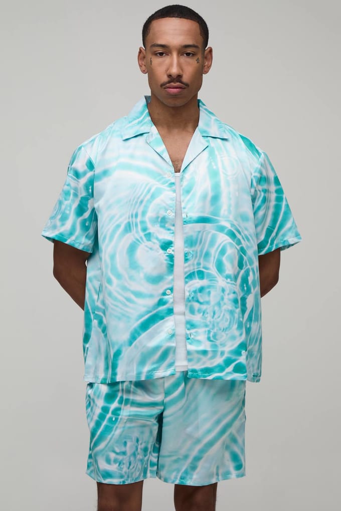 Oversized Shirt En Short Set Met Korte Mouwen En Waterprint Satijn | Blue | Size Medium